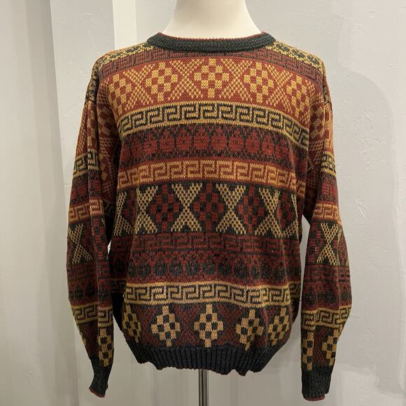 Vintage Atlantic Traders Knit Sweater Mens XL Brown Aztec Fair Isle - Picture 1 of 5